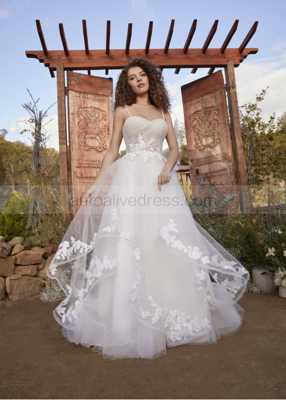 Spaghetti Straps Ivory Lace Pleated Tulle Chic Wedding Dress